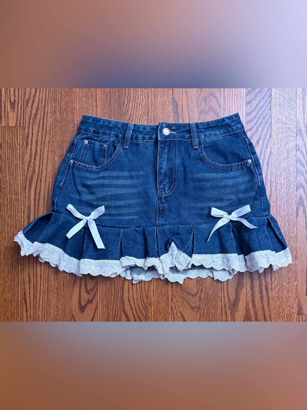Romwe Jean Skirt with Bows and Ruffle Details Size Medium NWOT
